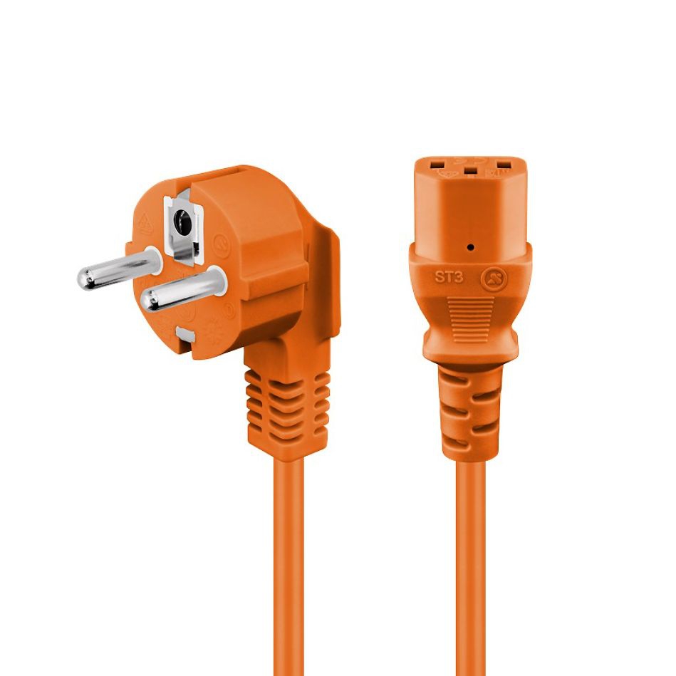 Kaltgerätekabel ORANGE mit Schutzkontakt-Stecker CEE 7/7 90°-WINKEL an C13 5m