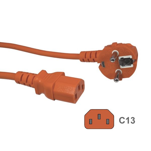Kaltgerätekabel ORANGE mit Stecker CEE 7/7 90°-WINKEL an C13, 2m
